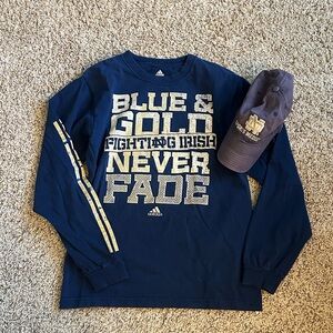 Adidas Notre Dame Navy & Gold Long Sleeve Tee and Hat